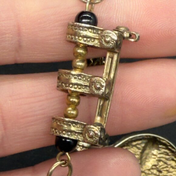 Vintage Egyptian Revival Gold Tone Chain Statement Brooch Pin Black Cabochons - Picture 8 of 14